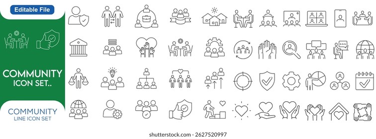 Community editable stroke outline web icons set. Community, social, friendship, people, village, relationships, diversity, support and development, line icon set..