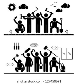 Community Effort People Humanity Volunteer Group Cleaning Outdoor Park Indoor House Stick Figure Pictogram Icon