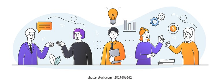 Community engagement concept. Colleagues communicate with each other, discuss details of project and come up with ideas. Effective teamwork. Cartoon doodle flat vector illustration on white background