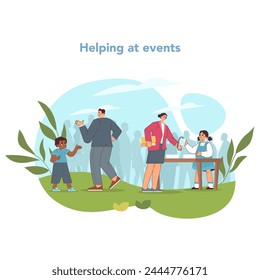 Community engagement concept. Eager young volunteers facilitate and guide participants at local event. Fostering culture of involvement and service. Accommodating participants. Vector illustration