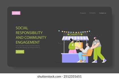 Community engagement concept. Volunteers assist at a charity booth, symbolizing social responsibility. Altruism through donation and support. Vector illustration.
