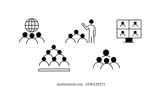 Community Engagement and Public Speaking. Icons: Large Audience Group, Community Gathering, Global Community, Audience Engagement, Psychological Connection. Editable Stroke and Colors.