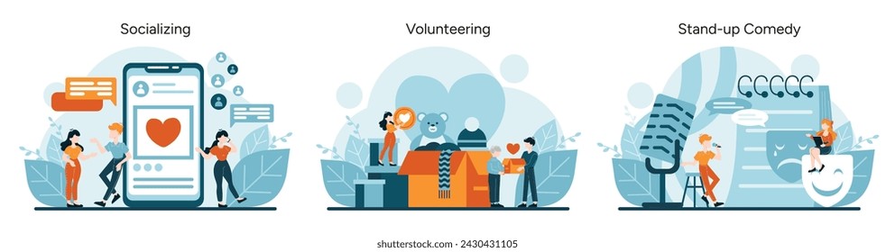 Community Engagement set. Digital interactions, charitable work, and entertainment. People connecting online, helping community, and enjoying humor. Vector illustration