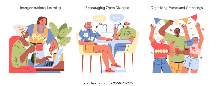 Community Engagement set. Illustration of intergenerational learning, open dialogue, and event gatherings. People connecting across ages and sharing experiences. Vector illustration.