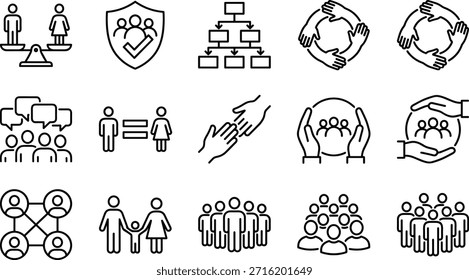 Conjunto de iconos de comunidad e igualdad, equilibrio de género, Asistencia, trabajo en equipo, cuidado familiar, estructura organizativa, Ilustración vectorial para los valores sociales