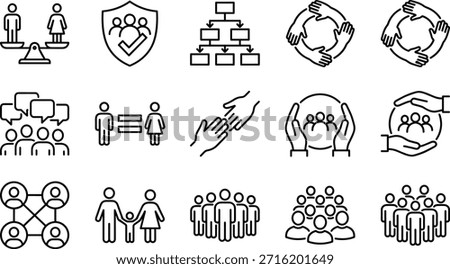 Community and equality icon set, gender balance, support, teamwork, family care, organizational structure, vector illustration for social values
