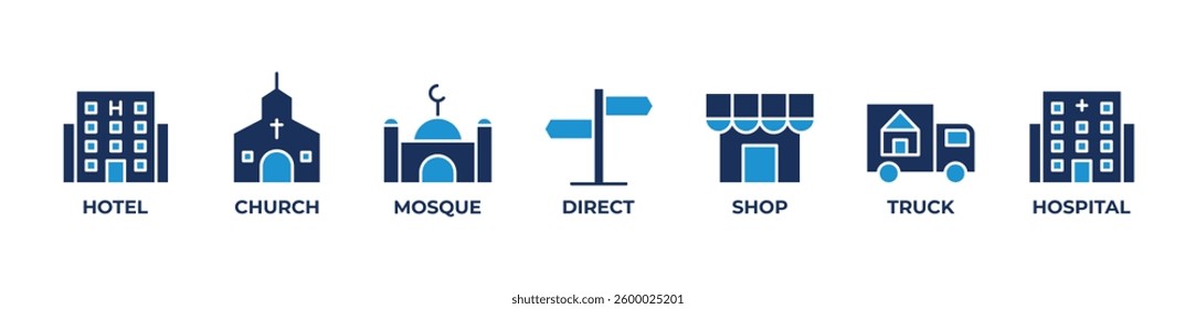 Community Essentials Icons set vector illustration with  HOTEL , CHURCH, MOSQUE, MARK, SHOP, TRUCK, HOSPITAL