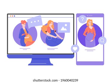 Community of expectant mothers. Pregnant women characters on device screens. Computer monitor and smartphone. Girls sharing experiences and tips. Communication. Vector flats illustration.