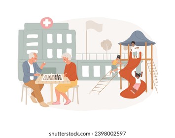 Community facilities isolated concept vector illustration. Public places, health centre, group of seniors, retirement home, kids playground, cultural activity, assisted nursing vector concept.