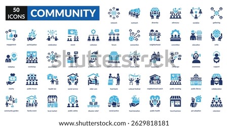 Community fill icon set collection. association, collaboration, gathering, network, public service, group, connection, society, teamwork