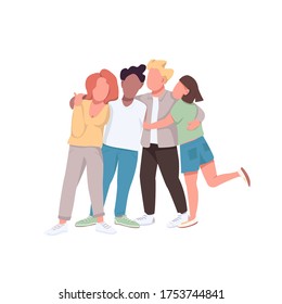 Community flat color vector faceless characters. Close friendship. Woman and man hug together. Multi racial unity isolated cartoon illustration for web graphic design and animation