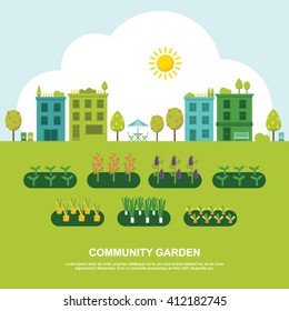 Community fruit and vegetable garden flat vector illustration