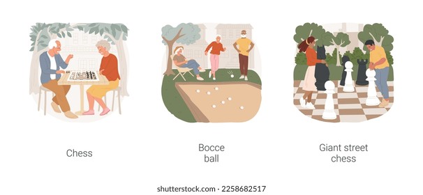 Community games isolated cartoon vector illustration set. Senior people playing chess in park, bocce ball game, diverse people moving giant street chess figures, outdoor recreation vector cartoon.