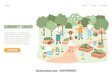 Community garden banner with people farming, enjoying time and communicate. Public farm in town. Young and adult men and women. Spring and summer ecology activity. Vector illustration.