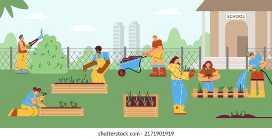 Community garden banner with people planting vegetables and edible plants in town, flat vector illustration. Group people work together to improve the environment.