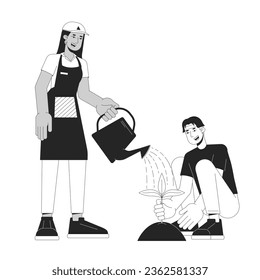 Community garden bw concept vector spot illustration. Woman watering plant. Gardeners 2D cartoon flat line monochromatic characters on white for web UI design. Editable isolated outline hero image