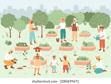 Huerto comunitario en concepto de ciudad. Las personas de la granja pública disfrutan del tiempo, se comunican y plantan árboles. La primavera y el verano. Camas con arbustos verdes, flor. Hombres jóvenes, mujeres adultas, niños agricultores