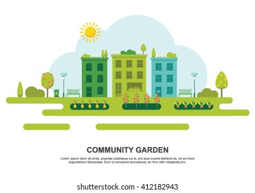 Community garden concept flat vector illustration on white background