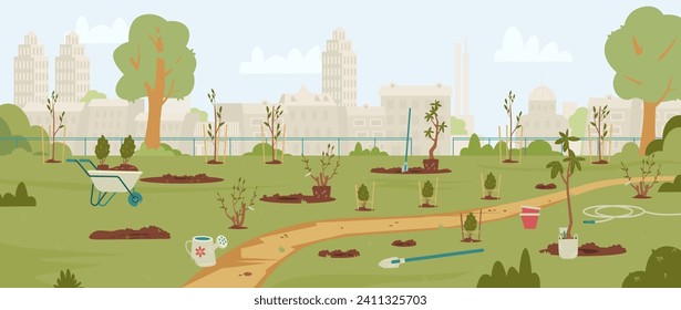 Community garden during plantation process in Spring with seedlings, trees and bushes, gardening equipment flat vector illustration. Public garden with no people scenery.