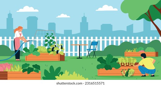 Community garden flat composition with male and female characters engaged in landscaping of recreation area against skyscrapers backdrop vector illustration