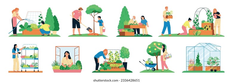 Community garden flat set of people decorating city parks and houses with plants and flowers isolated vector illustration