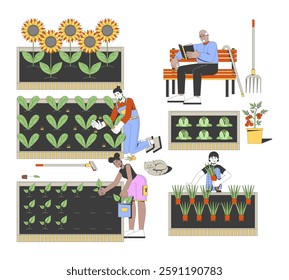 Community garden maintenance 2D vector illustration. Sustainable living, permaculture. Volunteers planting, weeding, harvesting flat characters isolated on white background. Colorful cartoon image