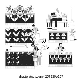 Community garden maintenance outline illustration. Sustainable living, permaculture. Volunteers planting, weeding, harvesting 2D line characters isolated on white. Monochrome vector ink linear image