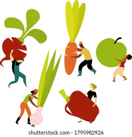 Community garden members carrying vegetables, EPS 8 vector illustration