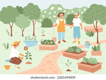 Huerto comunitario. Gente en la granja pública disfrutando del tiempo y comunicándose. Hombres y mujeres jóvenes y adultos cultivan. Actividades ecológicas de primavera y verano. Camas con arbustos verdes, árboles. Ilustración vectorial.