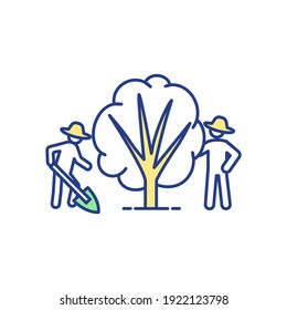 Community garden RGB color icon. Tree cultivation. Farmer with shovel. Gardeners caring for plant. Ranch workers. Farmland people. Fruit bush cultivation. Isolated vector illustration