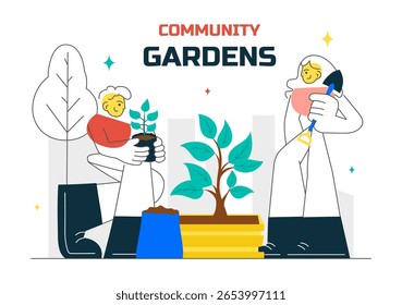 Community Garden Vector Illustration Featuring People Enjoying Their Time at a Public Farm in Town While Taking Care of Plants in a Environmental