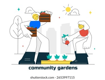 Ilustração do Community Garden Vetor com pessoas desfrutando de seu tempo em uma fazenda pública na cidade enquanto cuidam de plantas em um ambiente