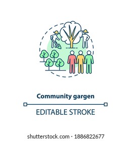 Community gargen concept icon. Healthy foods production fields. Inovational gardening. Urban farming idea thin line illustration. Vector isolated outline RGB color drawing. Editable stroke