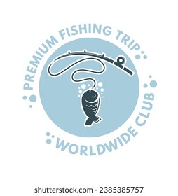 Community of gourmet fishing. Exclusive fishing spots around world. Professional guides and instructors. Fish rod for carp. Promotional banner or label, emblem or sticker. Vector in flat style