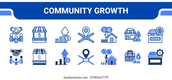 Community Growth Icon Collection, featuring Community, Local economy, Growth, Initiative, Rural, Neighborhood, Micro enterprise.