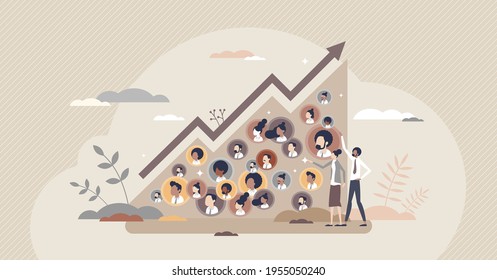 Community Growth And Social Labor Count Increase Tiny Person Concept. Nation Demographic Arrow Or Business Personnel, Unemployment, Followers, Subscribers Or Customers Development Vector Illustration.