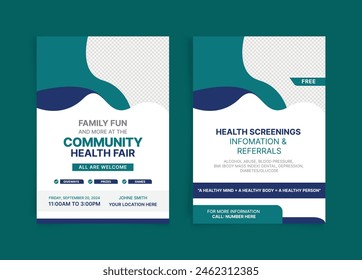 Community health Fair double-sided flyer design. Suitable for medical health and healthcare live webinar square Flyer. Social media stories collection template design. EPS vector illustration.