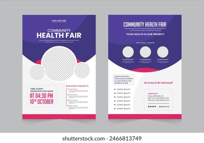 Community Health Fair doppelseitiges Flyer-Design. Perfekt für jedes Poster, Web-Banner oder Social-Media-Post. Geschichten Kollektion Vorlage Design. EPS-Vektorillustration.