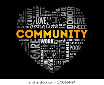 Community heart word cloud collage, social concept background