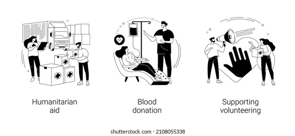 Community Help Abstract Concept Vector Illustration Set. Humanitarian Aid, Blood Donation, Supporting Volunteering, Transfusion Center, Blood Bank, Healthcare Assistance, Nonprofit Abstract Metaphor.