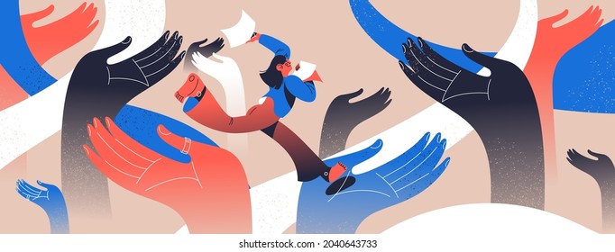 Community help concept illustration. Vector woman running with ideas and paper documents among various hand helping her