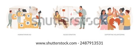 Community help isolated concept vector illustration set. Humanitarian aid, blood donation, supporting volunteering, transfusion center, blood bank, healthcare assistance, nonprofit vector concept.