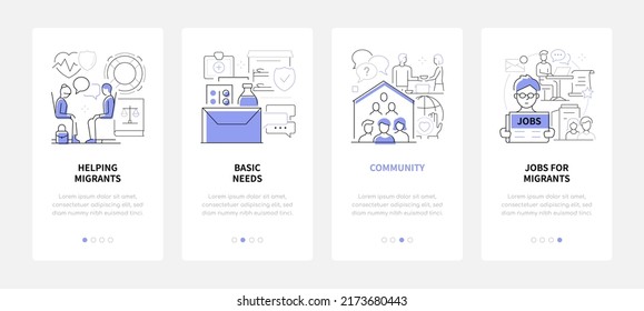 Community For Helping Expats - Line Design Style Banners Set With Place For Text. Illustration With Emigrants, Basic Human Needs, Friendly Society And Job Search. Care And Support, Legal Advice