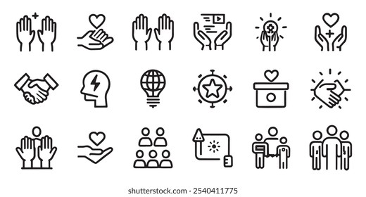 Community, helping hands, partnership and help related editable icon set isolated flat vector illustration white background.