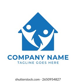 Community Home Logo Design with Cheerful Figures Symbolizing Connection and Support Within a House Shape in a Blue Color Scheme