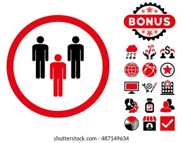 Community icon with bonus pictogram. Vector illustration style is flat iconic bicolor symbols, intensive red and black colors, white background.