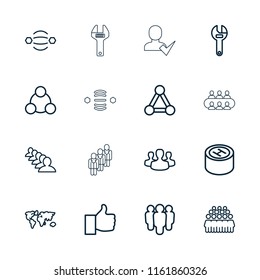 Community icon. collection of 16 community outline icons such as connection, group, wrench, world map, atom interaction, thumb up. editable community icons for web and mobile.
