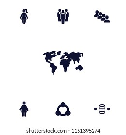 Community icon. collection of 7 community filled icons such as woman, connection, group, world map. editable community icons for web and mobile.