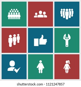 Community icon. collection of 9 community filled icons such as group, woman, wrench, add user. editable community icons for web and mobile.