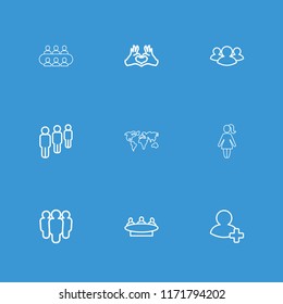 Community icon. collection of 9 community outline icons such as group, heart tag, add friend, world map. editable community icons for web and mobile.